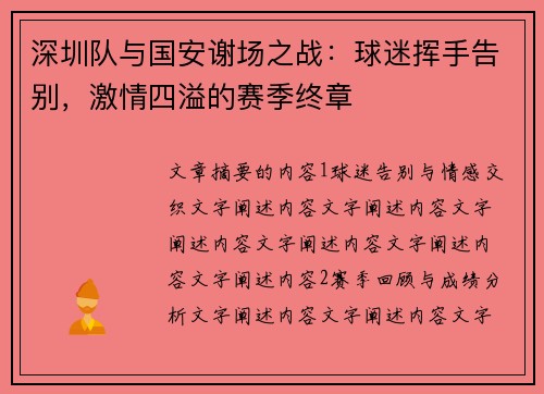 深圳队与国安谢场之战：球迷挥手告别，激情四溢的赛季终章
